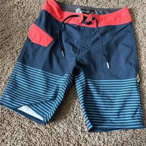 Men's Blue and Red Striped Board Shorts